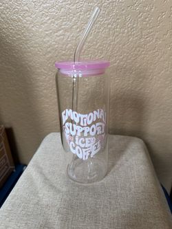 Emotional Support Iced Coffee Drink Holder with Glass Straw