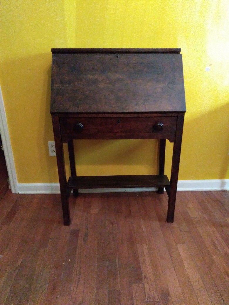 Antique Oak Wood Slant Front Desk with Center Drawer