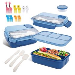 Blue Bento Lunch Box  4 Compartments W/Spoon & Fork  Removable Tray