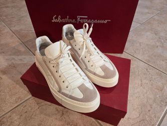Salvatore Ferragamo White Leather Sneakers with Beige Suede Accents