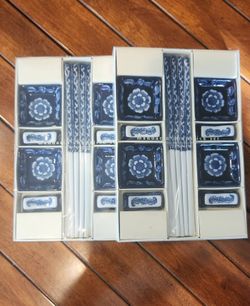 Set of 4 pair ceramic chopsticks, holders and dipping dishes