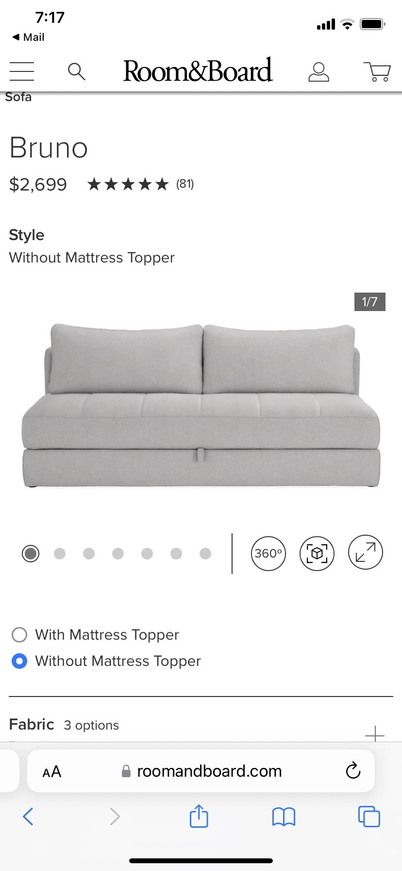Room & Board Bruno 79" Convertible Sleeper Sofa with Mattress Topper in Ronan Grey