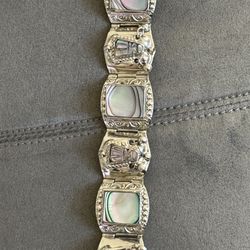 Vintage Mexican Aztec/ Mayan Carved Abalone Faces Panel Bracelet Sterling silver or alpaca silver