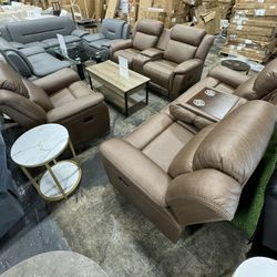 Brown 3Pcs Living Room Sofa Recliner Set / Juego De Reclinable De Sofá De Sala De Estar Marrón De 3 