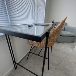 Glass & Black Desk With Wicker Chair