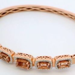 New Sterling Silver Hinged Bangle Bracelet with Morganite Size XL Rose Gold Plate