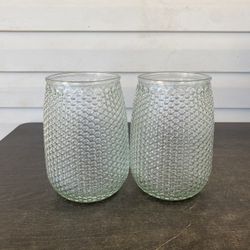 2 Vintage Large tinted green Glass Honeycomb Pattern Vase Mid-Century.