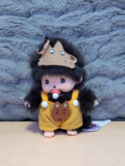 Monchhichi Keychain Plush Wolf Outfit Yellow Overalls