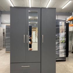 GRAY CEDAR WOOD WARDROBE + MIRROR , SIMPLE WITH 2 DOORS AND 3 DRAWERS