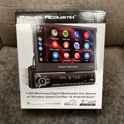 Power Acoustik wireless apple CarPlay flip up radio receiver with 7” LCD screen