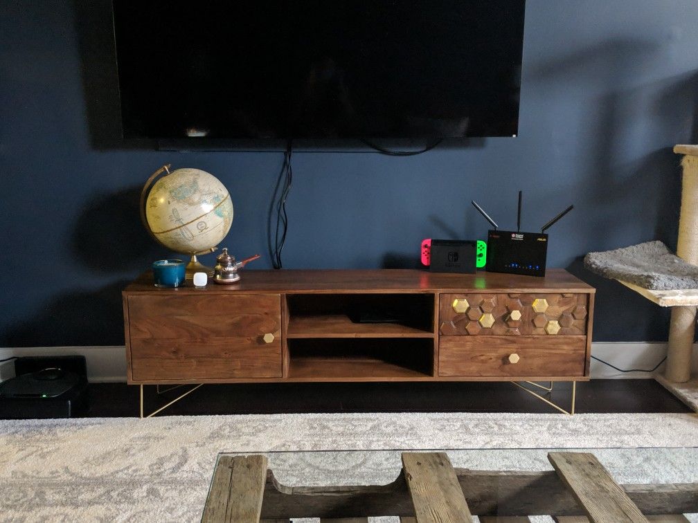 Gorgeous Walnut And Brass Media Console