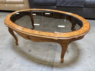 THOMASVILLE French Provincial Oval Coffee Table with Smoked Glass Insert and Burl Wood Top