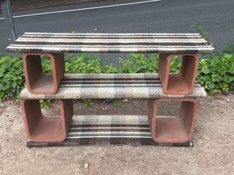Vintage 1970s retro modular shelf terra-cotta flue tile and plaid carpet bookshelf 50” x 14” x 31” MCM