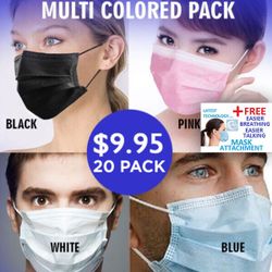 20 MULTI COLORED FACE MASKS WITH ATTACHMENT FOR EASIER BREATHING AND TALKING