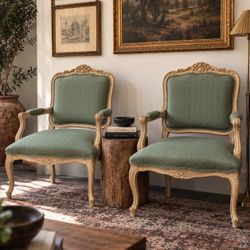 Pair of Vintage French Louis XV Style Carved Armchairs – Sage Green