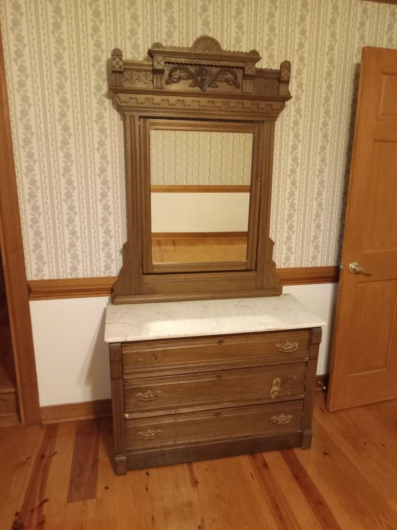 Antique Victorian Eastlake Walnut Marble Top 3 Drawer Dresser With Mirror