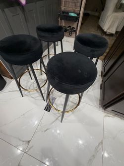 Set of 4 Black Velvet Bar Stools with Gold Footrest