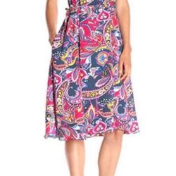Anne Klein Midi A-Line Dress Paisley Print Sleeveless Pullover Pockets Size 16
