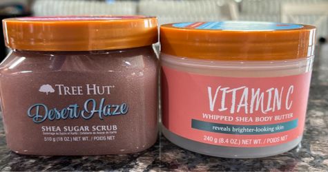 NEW TREE HUT SHEA SUGAR SCRUB AND VITAMIN C WHIPPED SHEA BODY BUTTER $8 Each!