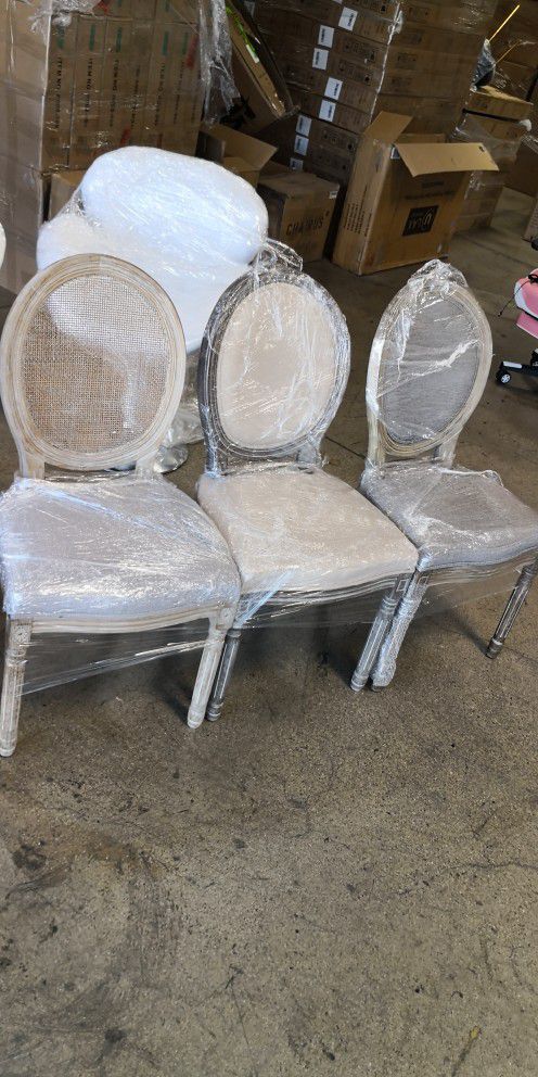 $70/each. Farmhouse Dining Chairs, Rectangle Rattan Back French Country Dining Room Chairs Vintage Fabric Upholstered Chair with Rustic Wood Legs.