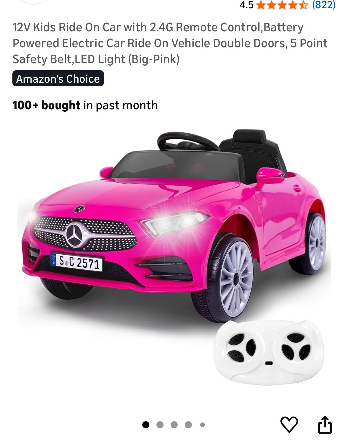 12V Kids Ride On Car with 2.4G Remote Control,Battery Powered Electric Car Ride On Vehicle Double Doors, 5 Point Safety Belt,LED Light (Big-Pink) 