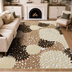 8x10 Brown Area Rugs High-Low Plush Pile Washable Colorful Rug Large Soft Indoor Botanical Floral Carpets for Living Room Bedroom Dining Room Farmhous