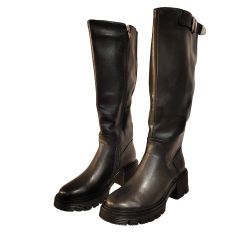 BRAND-NEW Black, Faux-Leather, Knee-High Platform Boots w/Lug Sole, Buckle/Zipper Closure (9)