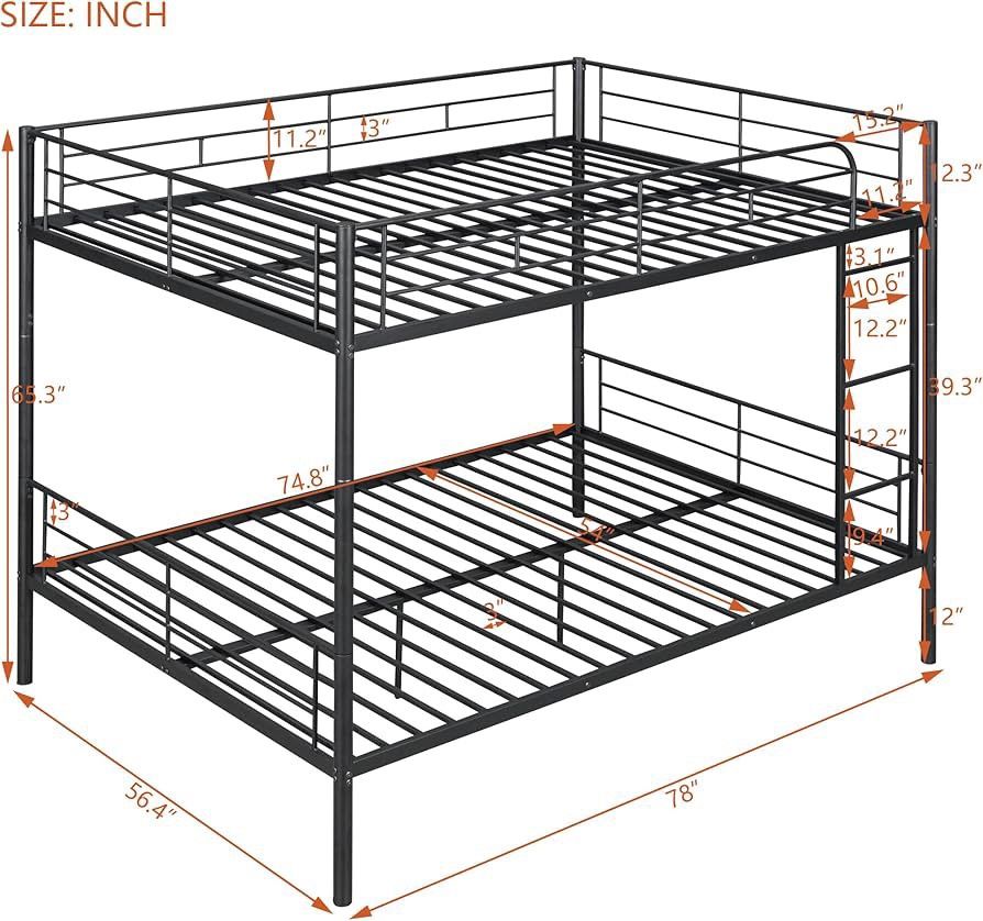 Full Over Full Bunk Bed with Ladders, Metal Bunk Beds Frame with Safety Guardrails, Modern Metal Bed Frame for Kids/Teens/Adults, No Box Spring Needed