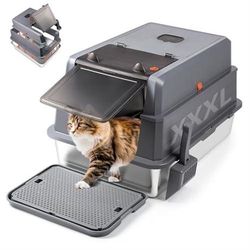 XXXL Stainless Steel Litter Box with Lid, Extra Large 28" L x 20" W x 17" H Enclosed Metal Cat Litter Box with Litter Scoop & Foot Pedal, Odor