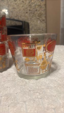 Set Of 4 Vintage Jeanette Glasses  , ice bucket and shaker Red & Gold Hi Ball Cocktail Recipes set