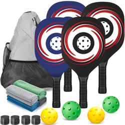 Set of 4 Wooden Pickeball Rackets with accessories