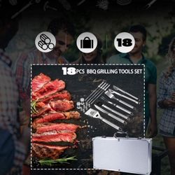 18Pcs Heavy Duty BBQ Grilling Tools Set Stainless-Steel Barbecue Tools Set with Spatula, Fork, Basting Brush, Tongs and Storage Case for Outdoor Campi