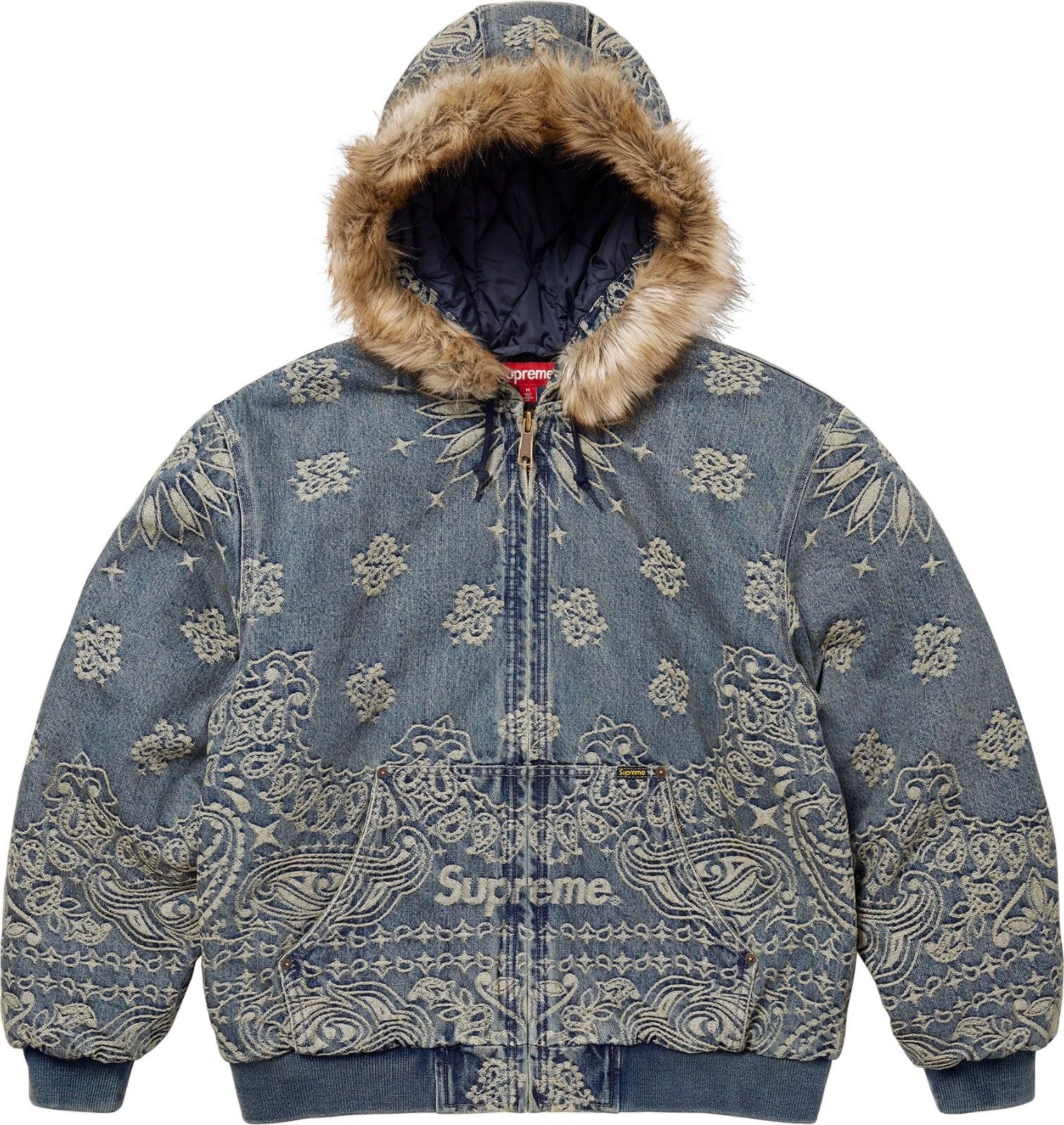 Size Large - Supreme Bandana Jacquard Denim Hooded Work Jacket Blue (New)