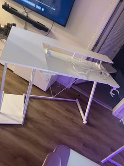 47 White L-Shaped Computer Desk with Monitor Shelf