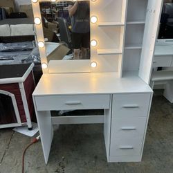 Makeup Vanity with Lights, Vanity Desk with Mirror and 10 LED Lights, Vanity with 4 Drawers(missing one hook)