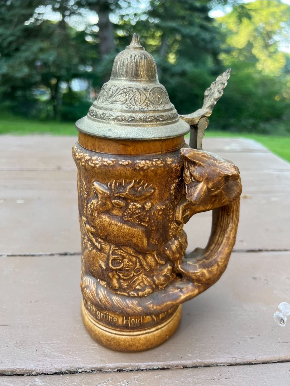 Rare Die Grune Heid German Beer Stein w/ Wolf Handle & Hunting Scene
