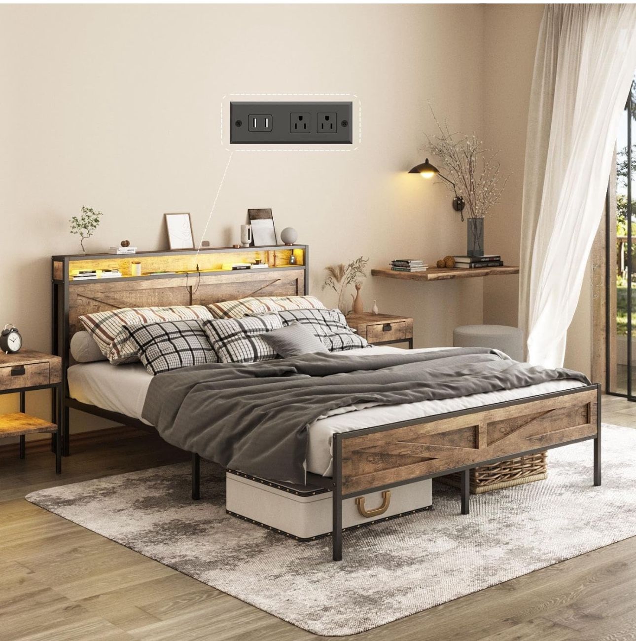 LED Queen Size Bed Frame with Charging Station