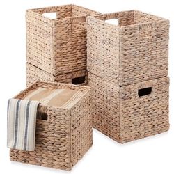 Set of 5 Collapsible Hyacinth Storage Baskets w/ Inserts - 12x12in