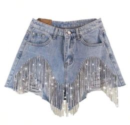 Light blue denim shorts with rhinestone tassel fringe - L