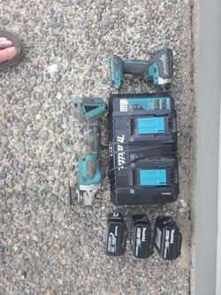 Cordless 18v makita impact gun and grinder w/3 batteries and dual port rapid charger