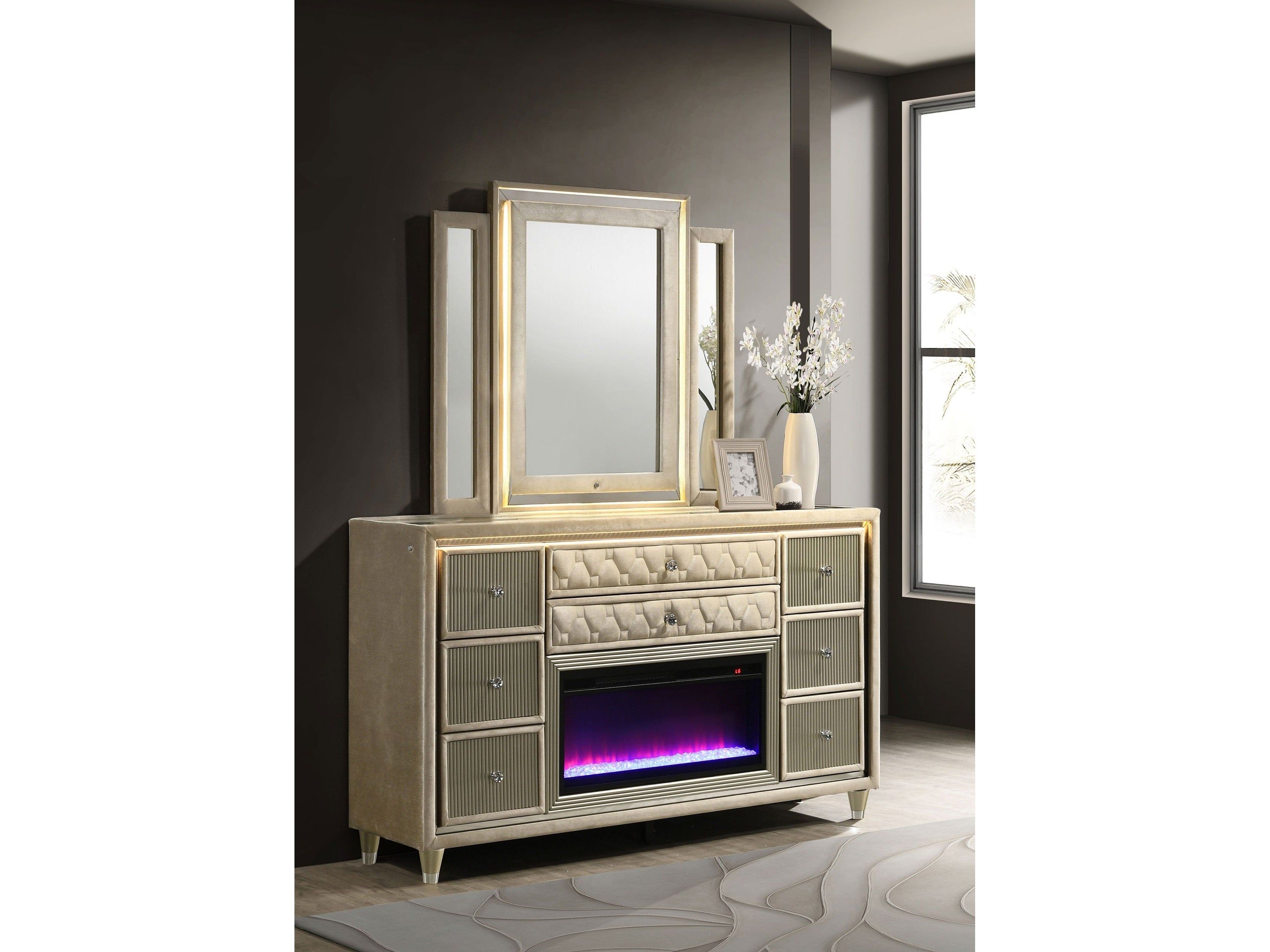 Lorient Ivory/Camel 8-drawer LED Flame Box Dresser and Mirror