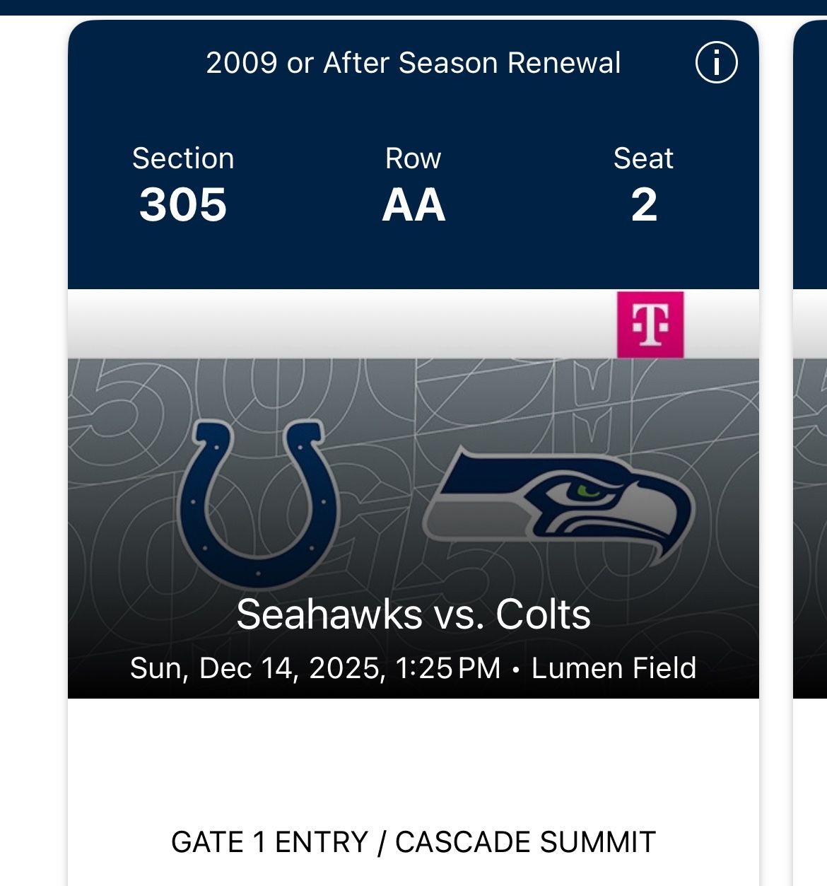 Seahawks Vs Colts Section 305 Row AA Seat 1&2 220 Each