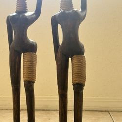 African Nubian Women Water Statues (wooden Antique)