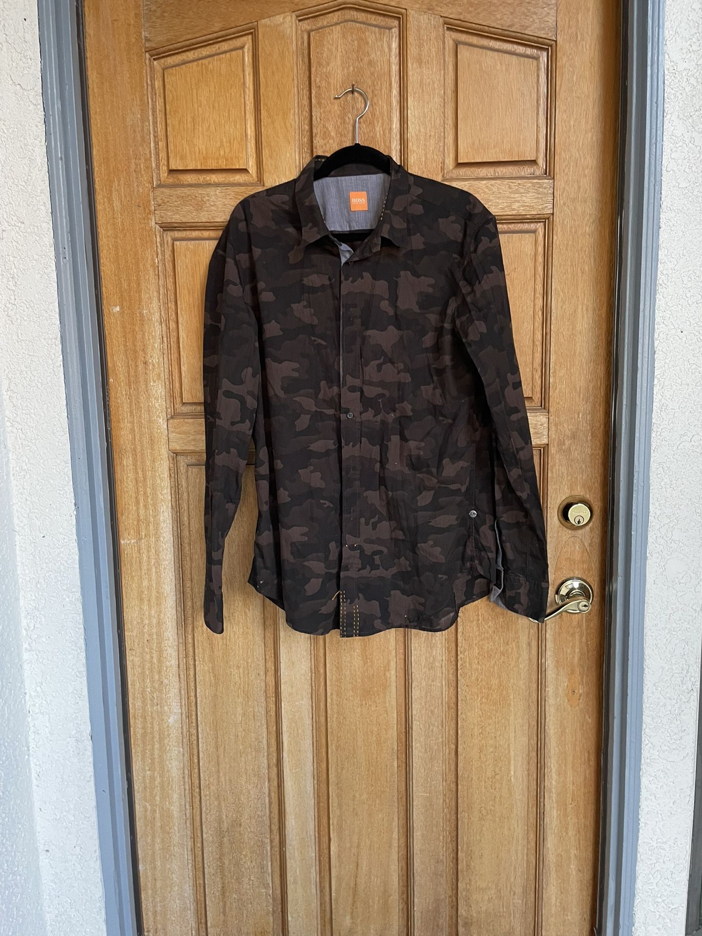 boss mens camo Cotton shirt long sleeve button down Slim Fit XL