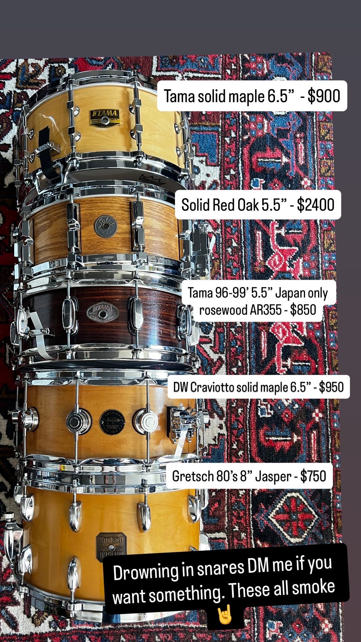 Craviotto DW Gretsch Tama Snares 