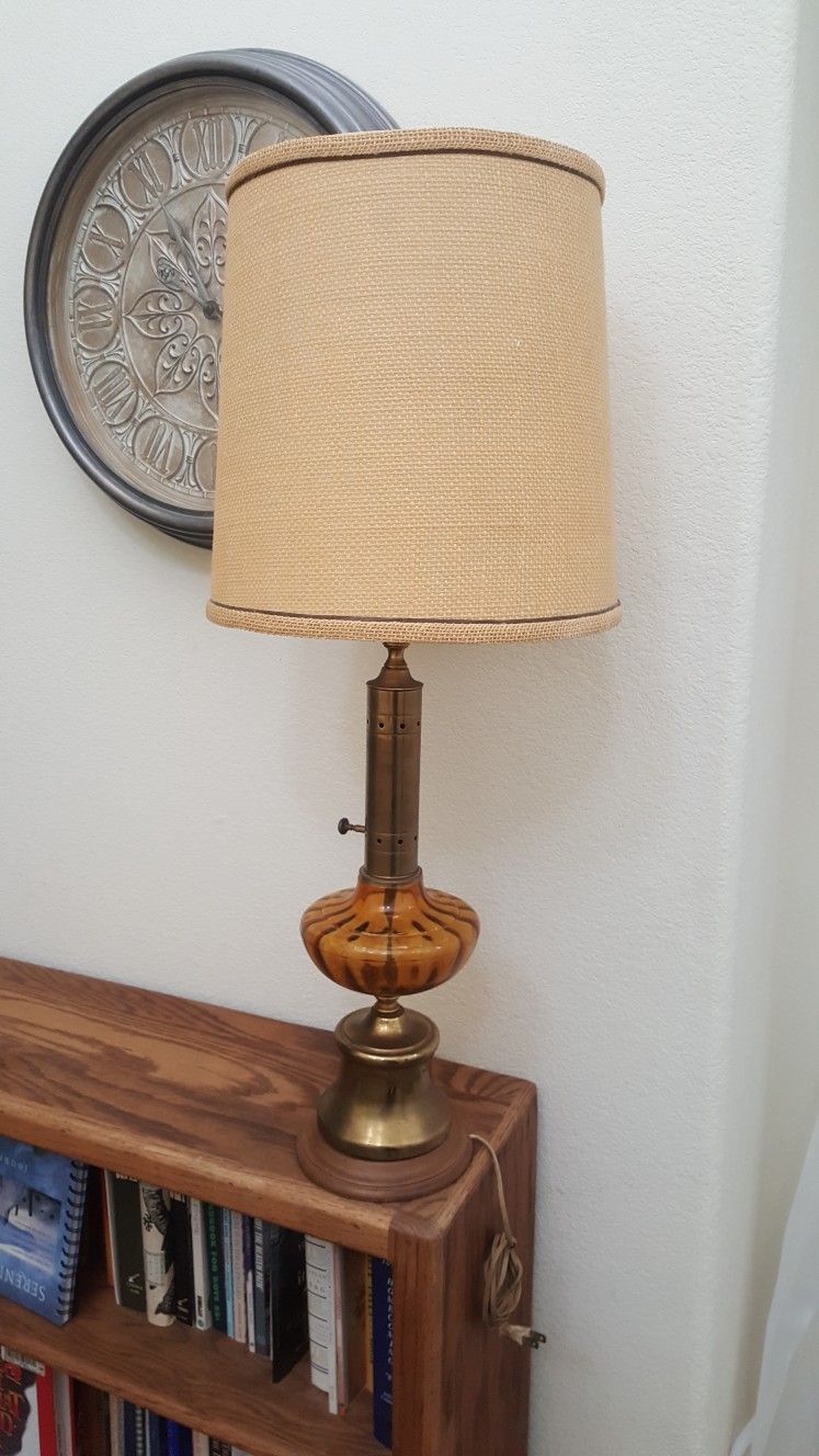 Retro Lamp Amber Glass With Shade And Finnial Vintage