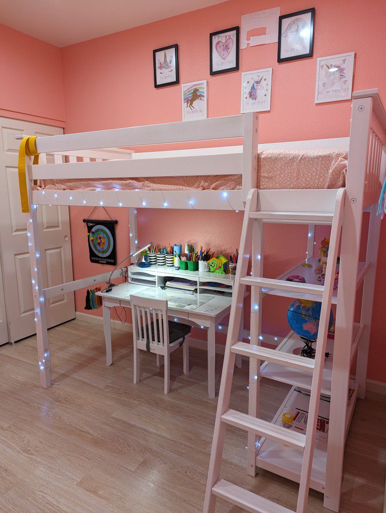 Max & Lily High Loft Bed, Twin Bed Frame With Bookcase, White 