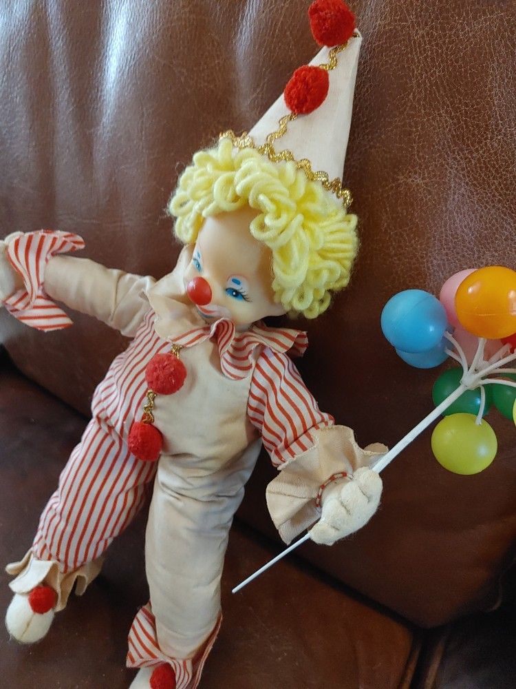 Vintage Clown With Balloons, Stuffed Doll.