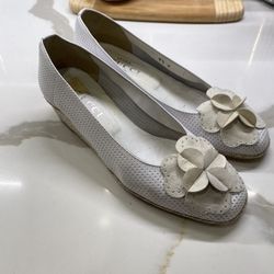 Sesto Meucci Mailie White Perforated Leather Wedge Pump, Women's Size 5.5