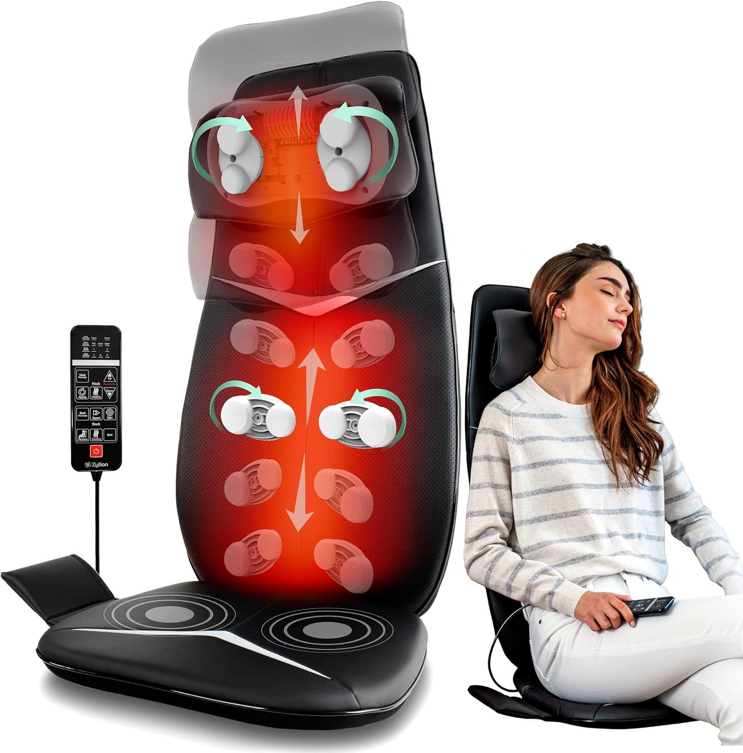 Zyllion Shiatsu Neck and Back Massager with Heat for Chair - 3D Electric